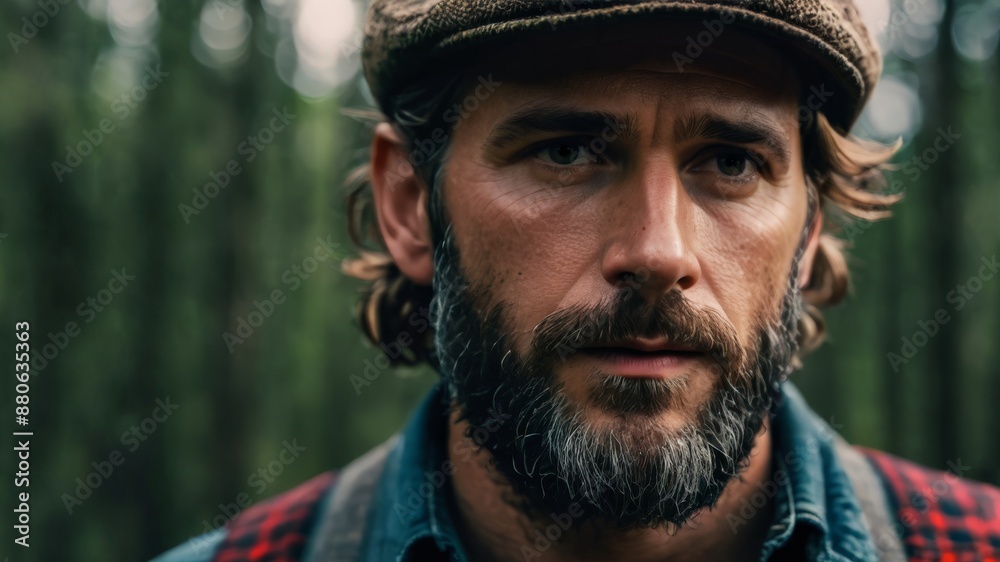 Portrait of a pensive bearded man in nature in the woods Portrait of a pensive bearded man in nature in the woods