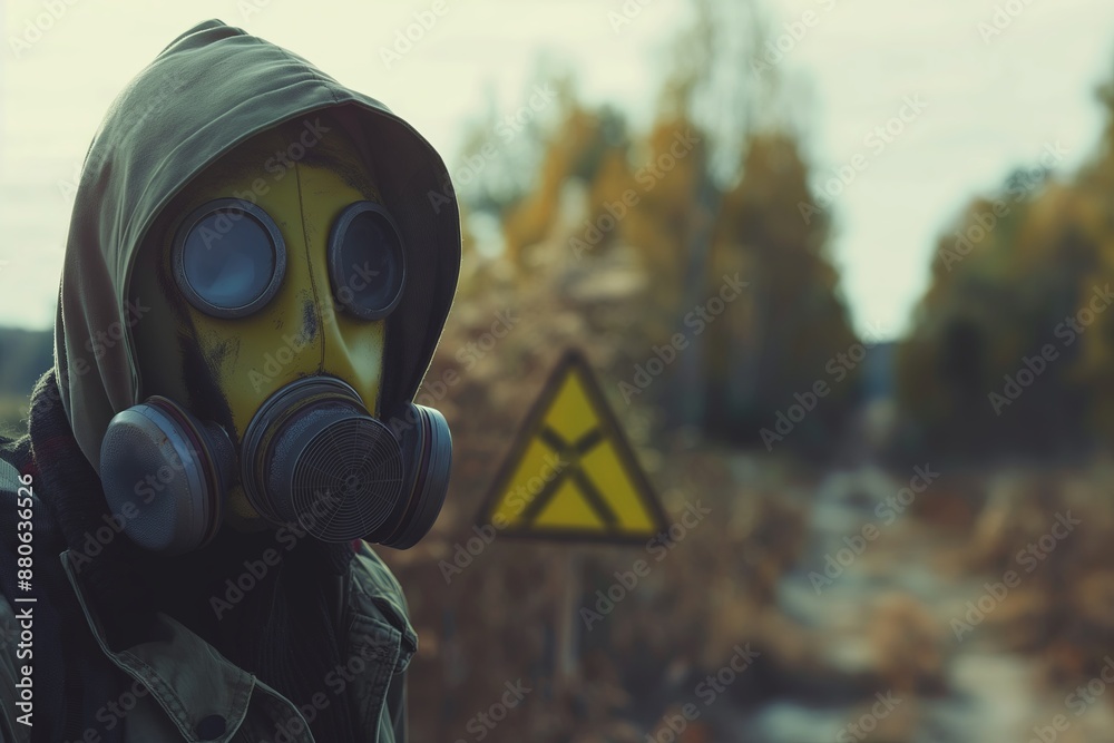 A person with a gas mask stands in a woodland area, highlighting themes of environmental awareness and safety. The fall foliage and barren trees contribute to a post-apocalyptic feel. A person with a gas mask stands in a woodland area, highlighting themes of environmental awareness and safety. The fall foliage and barren trees contribute to a post-apocalyptic feel.