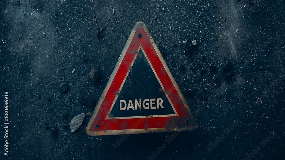 A red and white triangular dangersign on a dark, cracked asphalt surface, highlighting the need for caution. The weathered sign contrasts with the deteriorated road, indicating potential hazards. A red and white triangular dangersign on a dark, cracked asphalt surface, highlighting the need for caution. The weathered sign contrasts with the deteriorated road, indicating potential hazards.