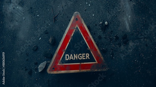 A red and white triangular dangersign on a dark, cracked asphalt surface, highlighting the need for caution. The weathered sign contrasts with the deteriorated road, indicating potential hazards.