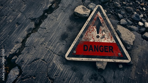 A distressed triangular dangersign on a heavily cracked asphalt surface, symbolizing caution and alertness. The red and white sign provides a stark contrast to the dark, rugged road. photo