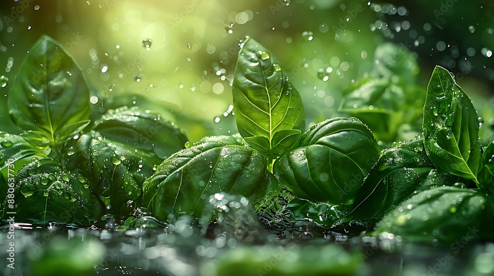 Basil leaves with water splash floating, vibrant green background. Basil leaves with water splash floating, vibrant green background.