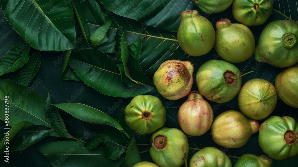 Fototapeta premium Fresh guavas arranged on a tropical leaf, vibrant and natural,