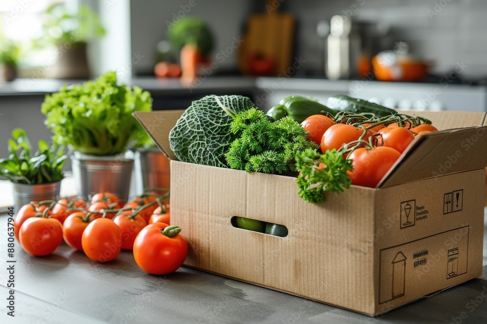 A crafting box of fresh vegetables such as tomatoes, lettuce, cauliflower, broccoli, and herbs is neatly arranged on a kitchen counter, representing healthy and organic cooking. A crafting box of fresh vegetables such as tomatoes, lettuce, cauliflower, broccoli, and herbs is neatly arranged on a kitchen counter, representing healthy and organic cooking.