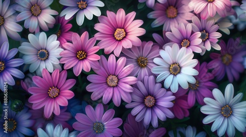 Colorful daisies in full bloom  vibrant pink and purple flowers in a garden setting