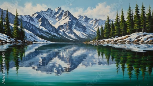 Mountain lake with reflection of snow-capped peaks and coniferous forest