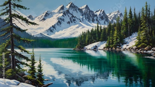 Mountain lake with reflection of snow-capped peaks and coniferous forest