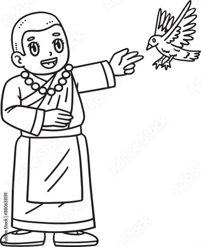 Buddhism Female Monk with Bird Isolated Coloring 