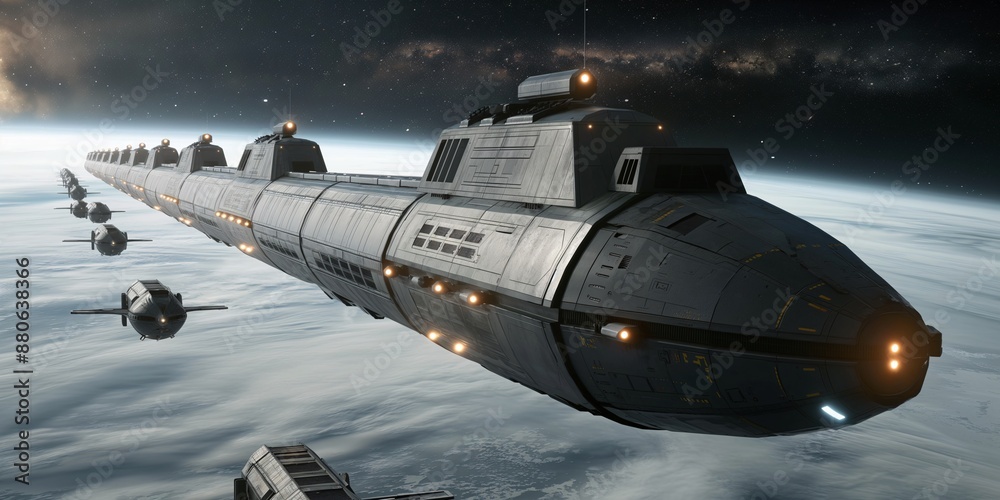 Naklejka premium Futuristic space spacecraft fleet traveling through the vast expanse of space, showcasing advanced spaceship technology and interstellar travel.
