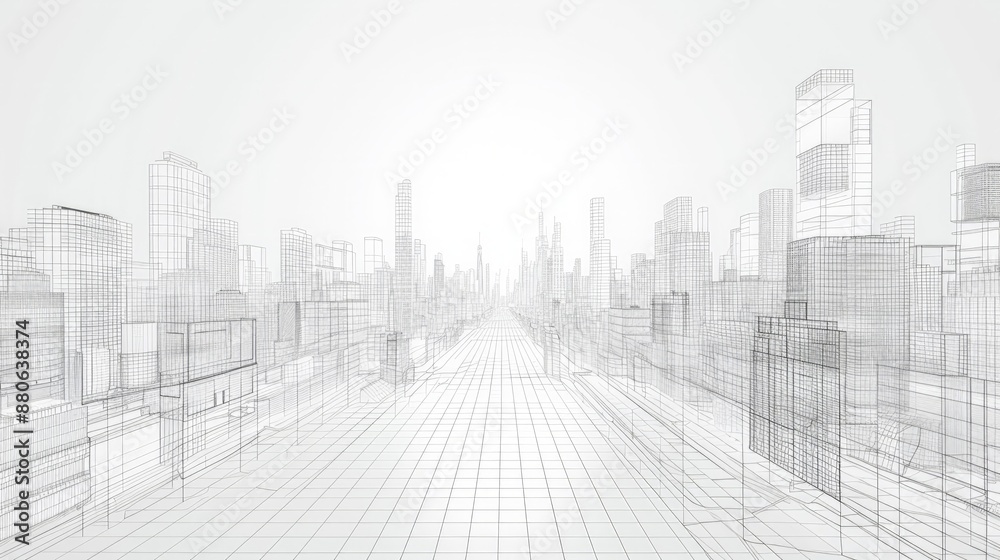 Obraz premium Abstract wireframe cityscape illustration, black and white, conveying urban planning and architectural design, horizontal illustration, copy space