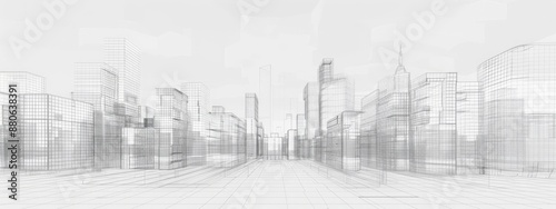 Abstract wireframe cityscape illustration, black and white, conveying urban planning and architectural design, horizontal illustration, copy space