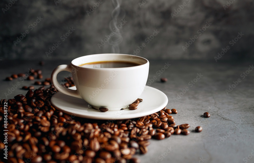 Coffee cup and coffee beans on gray background, Black coffee cup aromatic Coffee cup and coffee beans on gray background, Black coffee cup aromatic