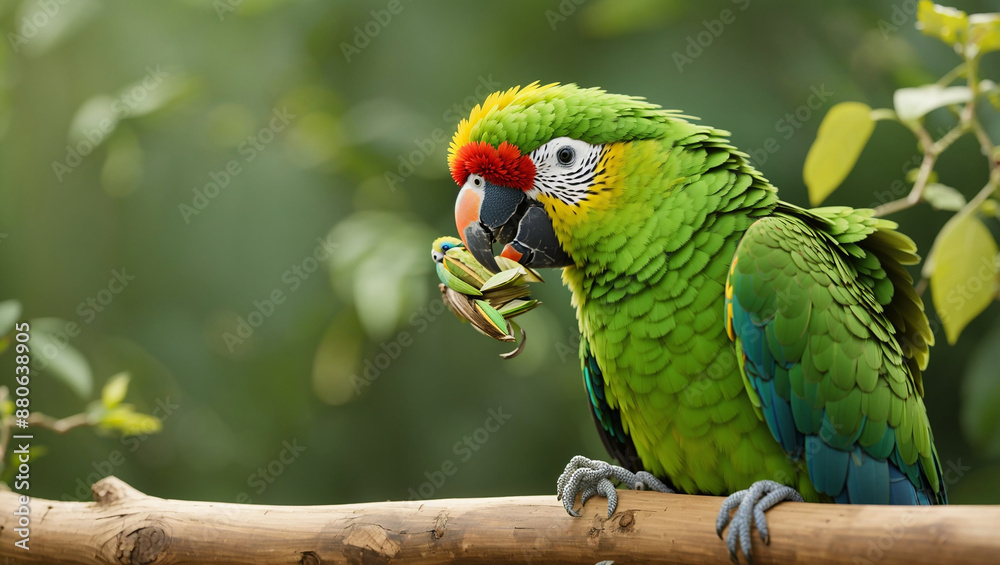 Two green parrots are perched on a branch near a small wooden birdhouse.
Two green parrots are perched on a branch near a small wooden birdhouse.