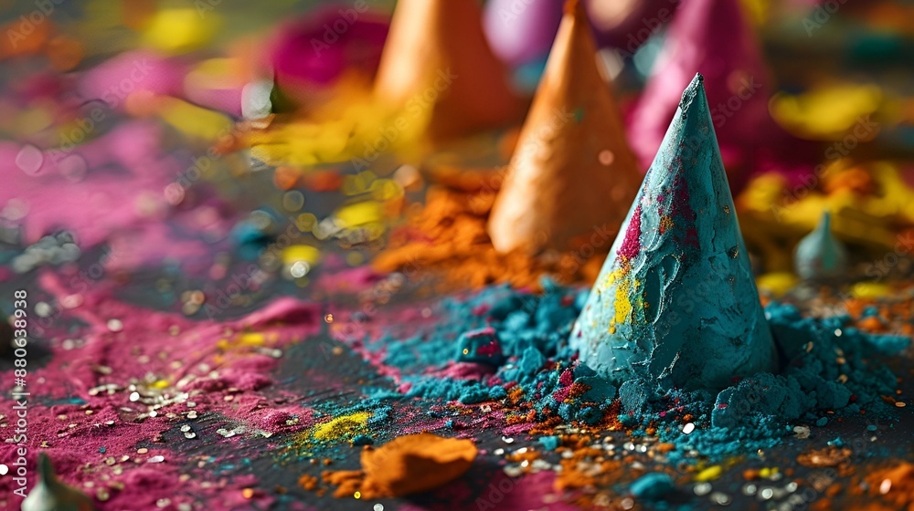 Fototapeta premium Colorful powder and cones arranged on a table for a vibrant display of traditional decorations.