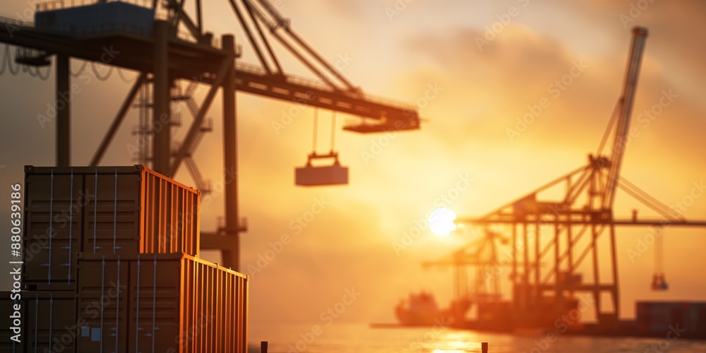 Sunset at a busy shipping port with cranes and stacked cargo containers, symbolizing global trade and logistics. Sunset at a busy shipping port with cranes and stacked cargo containers, symbolizing global trade and logistics.