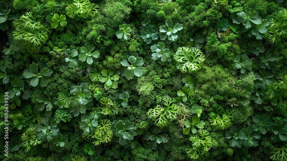 Vertical garden with diverse green foliage and moss coverage in closeup view Vertical garden with diverse green foliage and moss coverage in closeup view