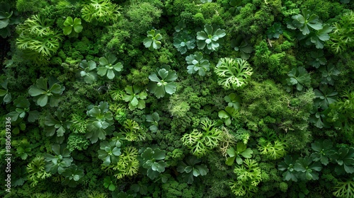 Vertical garden with diverse green foliage and moss coverage in closeup view