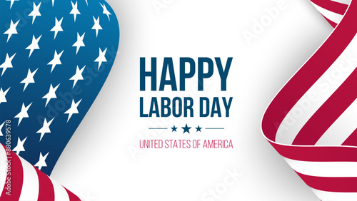 Happy Labor Day festive banner with waving national flag of the United States. American federal holiday. Vector illustration.