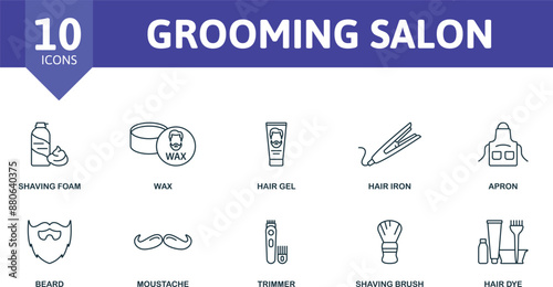 Grooming Salon thin line icon set. Shaving Foam, Wax, Hair Gel, Hair Iron, Apron, Beard, Moustache, Trimmer, Shaving Brush Hair Dye icons.