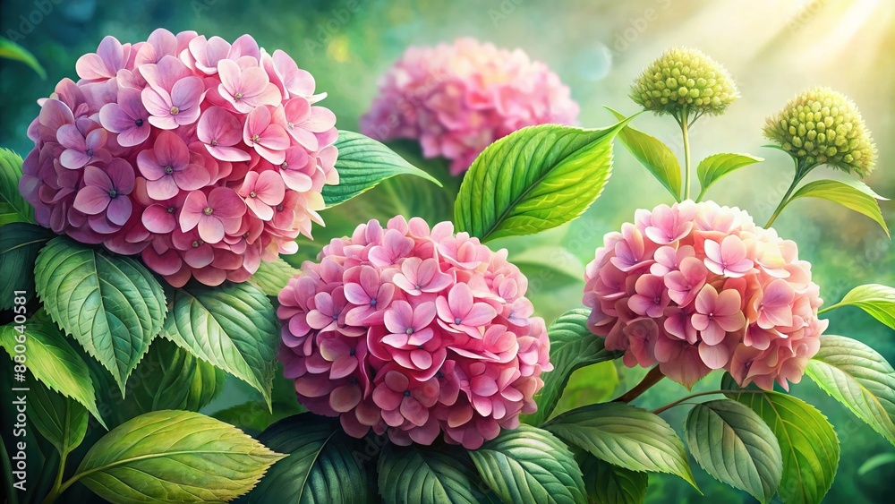 Delicate pink hydrangea flowers bloom amidst lush green leaves in a whimsical watercolor illustration, evoking a sense of serene elegance and vintage charm. Delicate pink hydrangea flowers bloom amidst lush green leaves in a whimsical watercolor illustration, evoking a sense of serene elegance and vintage charm.