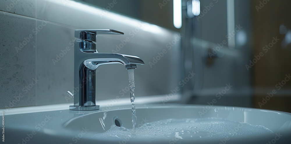Modern bathroom faucet with running water in contemporary sink setting. The global issue of water scarcity Modern bathroom faucet with running water in contemporary sink setting. The global issue of water scarcity