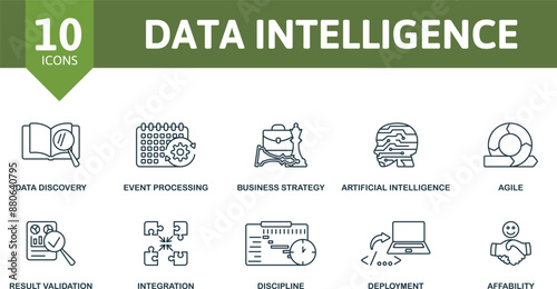 Data Intelligence thin line icon set. Data Discovery, Event Processing, Business Strategy, Artificial Intelligence, Agile, Result Validation, Integration, Discipline, Deployment, Affability icons.