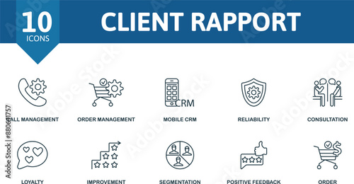 Client Rapport thin line icon set. Call Management, Order Management, Mobile Crm, Reliability, Consultation, Loyalty, Improvement, Segmentation, Positive Feedback, Order icons.