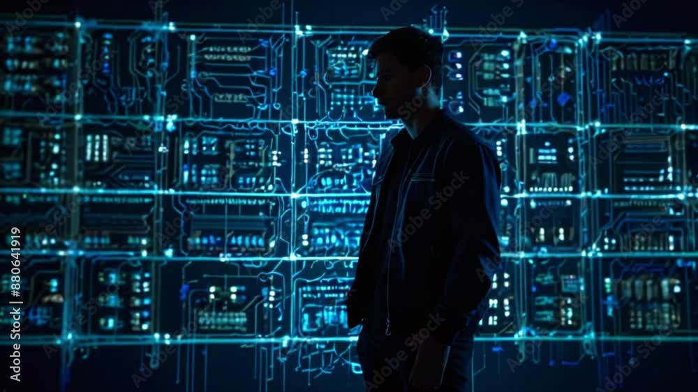 A man is standing in front of a large blue circuit board.