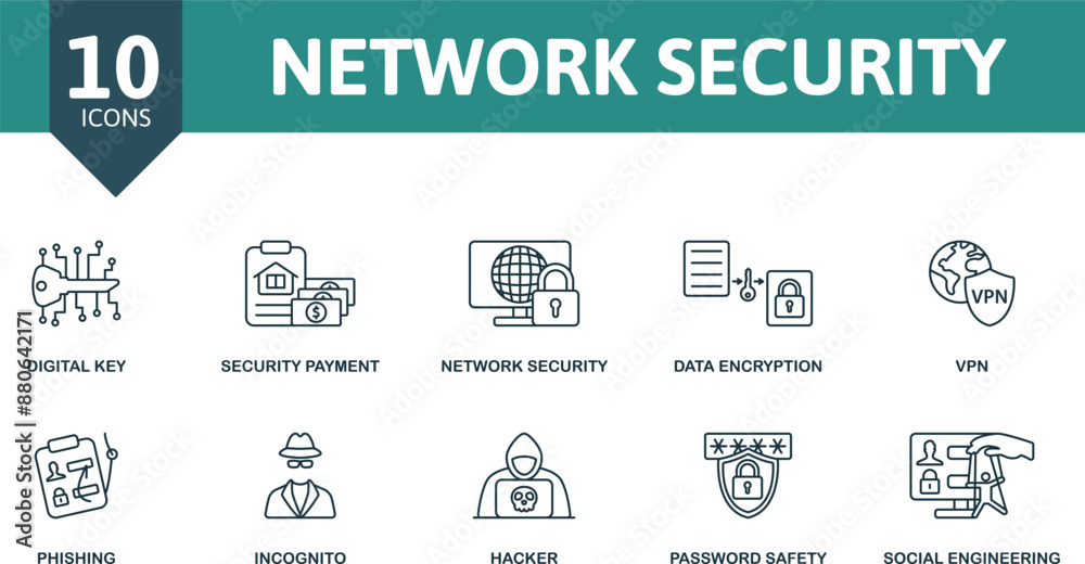Network Security thin line icon set. Digital Key, Security Payment, Network Security, Data Encryption, Vpn, Phishing, Incognito, Hacher, Password Safety, Social Engineering icons. Network Security thin line icon set. Digital Key, Security Payment, Network Security, Data Encryption, Vpn, Phishing, Incognito, Hacher, Password Safety, Social Engineering icons.