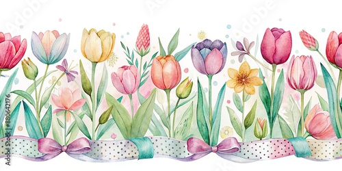 Whimsical hand-drawn floral watercolor border featuring vibrant tulips on a soft white background, adorned with delicate washi tape design in pastel hues.