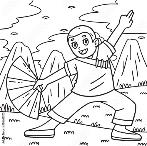 Buddhism Female Shaolin with Fan Coloring Page 