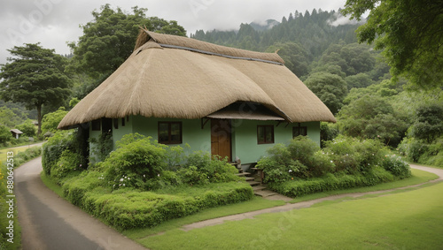 A wooden cabin sits in a forest with a small stream flowing in front of it. The trees are tall and the water is clear.

