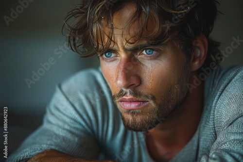 A man wearing a casual gray shirt is seated with tousled hair, arms crossed in a relaxed pose, presenting an air of casualness and thoughtfulness in a dimly lit room. photo
