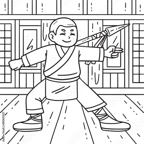 Buddhism Shaolin Monk with Spear Coloring Page 