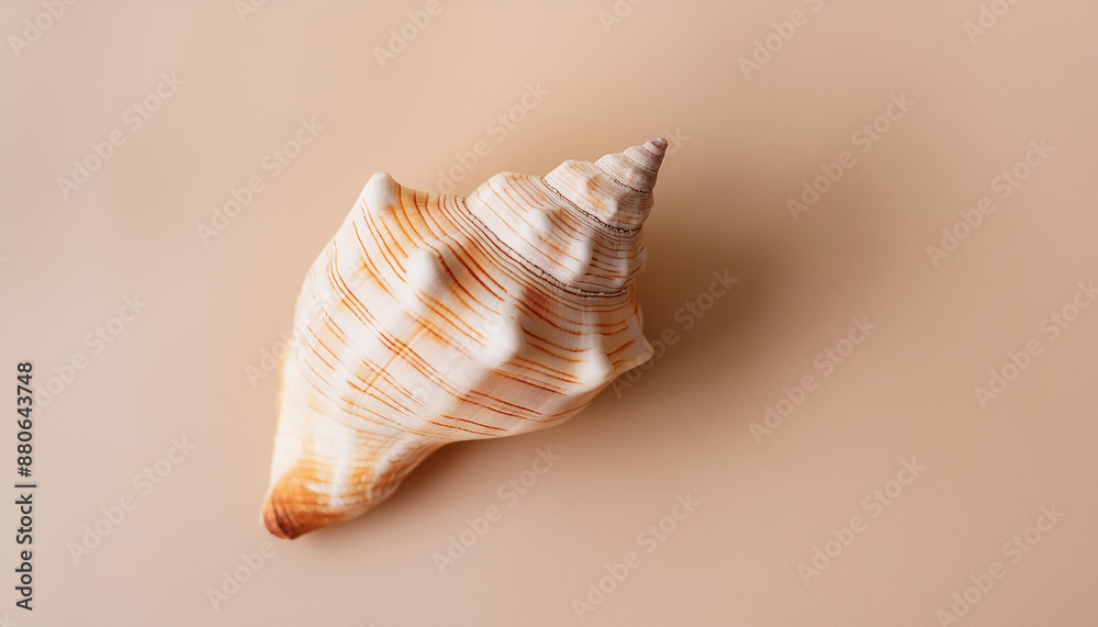 Close-up of seashell on beige backdrop. Natural element. Top view. Close-up of seashell on beige backdrop. Natural element. Top view.