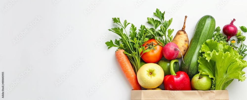 Paper Bag Full of Fresh Fruits, Vegetables, and Healthy Foods on White Background with Copy Space for Web Banner Paper Bag Full of Fresh Fruits, Vegetables, and Healthy Foods on White Background with Copy Space for Web Banner