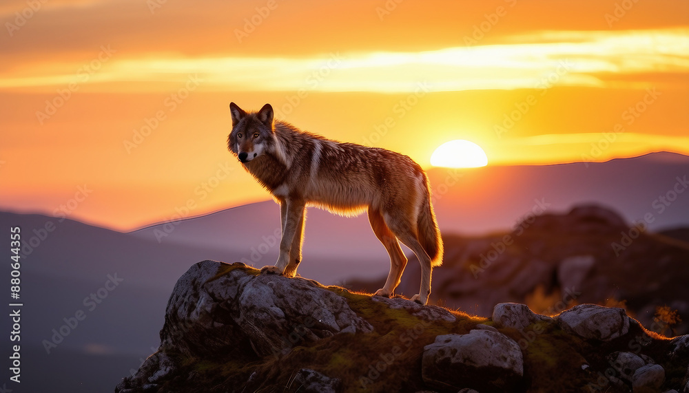 alpha male wild wolf on a pointed rock, sunset view alpha male wild wolf on a pointed rock, sunset view