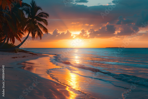 A stunning sunset over a sandy beach with silhouettes of palm trees
