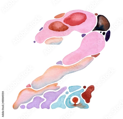 Artistic watercolor number "2" featuring vibrant organic shapes in soft pastel hues, blending pink, purple, and blue. Ideal for creative and educational projects