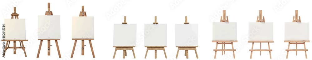 This wood easel stand with art board has been isolated in a modern mock-up. A 3D painter canvas tripod is shown for displaying artist drawings at a gallery exhibition. This wood easel stand with art board has been isolated in a modern mock-up. A 3D painter canvas tripod is shown for displaying artist drawings at a gallery exhibition.