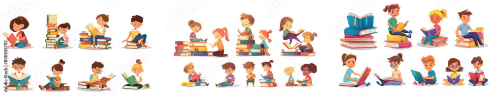 Illustration of cute child with textbook and boy sitting near big stack of books. Childish education or reading hobby concept. Illustration of cute child with textbook and boy sitting near big stack of books. Childish education or reading hobby concept.