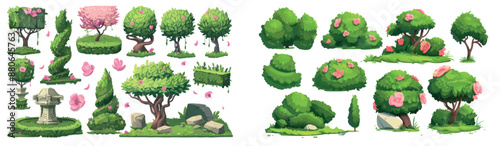 Grass border for garden or meadow at springtime. Cute nature bush drawing horizontal fence. Foliage hedge decoration for environment.