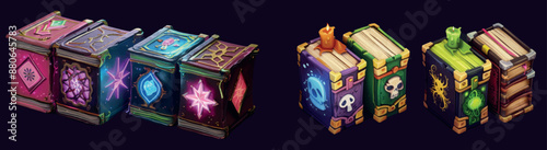 The ancient fantasy spell is modernized in this icon set of medieval closed alchemy assets with an eye, skull, and heart on a cover. This is a mystery grimoire with a ribbon and gem with antique