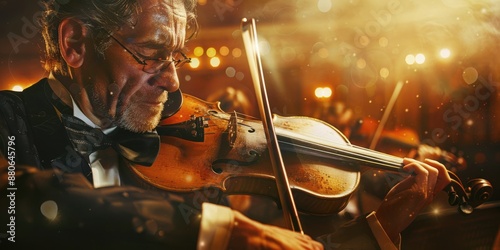 Talented violinist playing passionately in a vibrant orchestral concert, surrounded by glowing lights. AIG58 photo