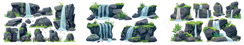 An isolated illustration of a rocky waterfall set in a tropical forest with green grass growing on a hill, tropical forest, jungle park design elements