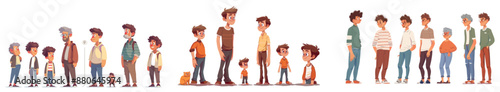 Evolution of man through the life stages of child, teenager, adult, and grandmother. Cartoon journey through life stages of an aging male character.