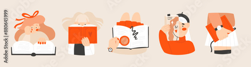 Girls reading books. Cute vector stickers set with book lovers. 