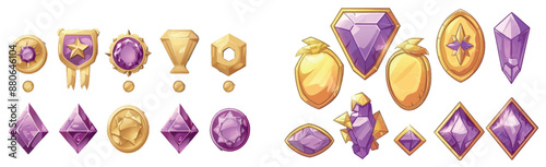 Cartoon illustration of an evolving golden badge with a purple diamond for game level rank. Growth steps of jewellery insignia reward or achievement emblem.