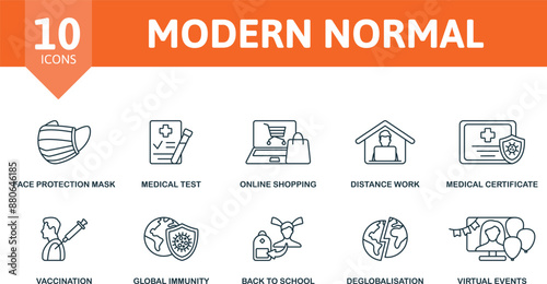 Modern Normal thin line icon set. Face Protection Mask, Medical Test, Online Shopping, Distance Work, Medical Certificate, Vaccination, Global Immunity, Back To School, Deglobalisation, Virtual Events