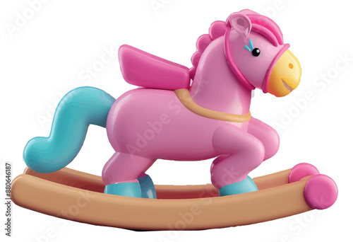 Toy rocking horse icon with tricycle. Kid wheel bike and animal swing game isolated plastic png set. Child toddler bicycle transport for playground. Childhood activity icon set.